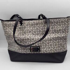 GUESS Black Logo Print Tote Purse Shoulder Bag Faux Leather Trim 11.5x9x4 Canvas